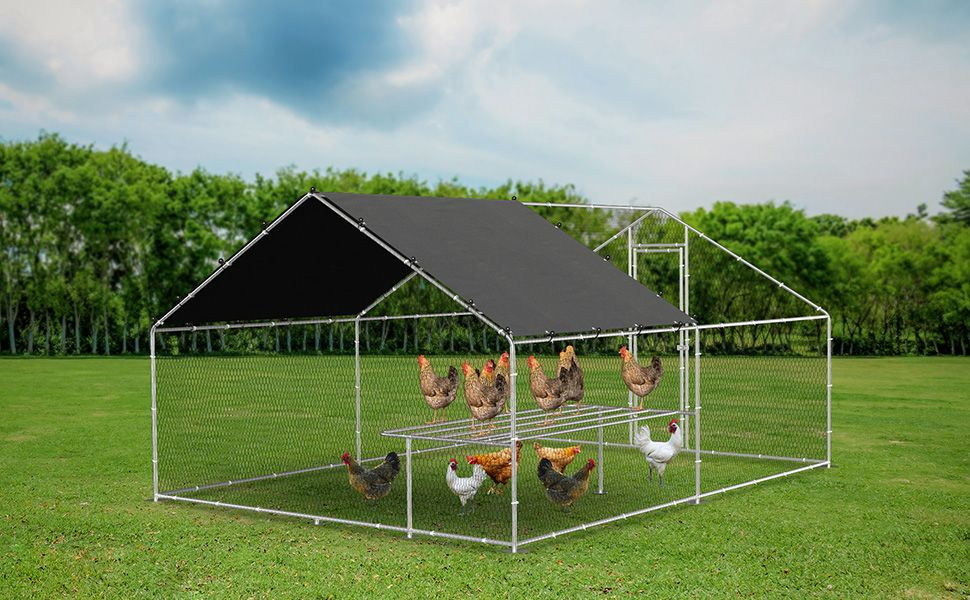 Large metal chicken coop, walk-in chicken coop, galvanized wire poultry chicken coop, rabbit duck coop with waterproof and UV protection cover for outdoor, backyard and farm. 9.8' W x 13.1' L x 6.6' H