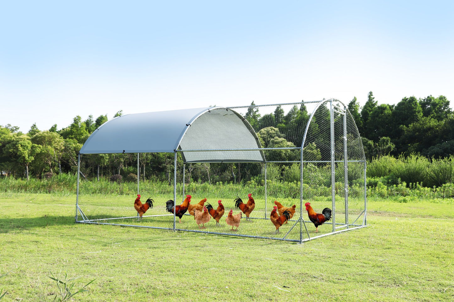 Large metal chicken coop upgrade three support steel wire impregnated plastic net cage, Oxford cloth silver plated waterproof UV protection, duck rabbit sheep bird outdoor house 9.2'W x 12.5'L x 6.5'H