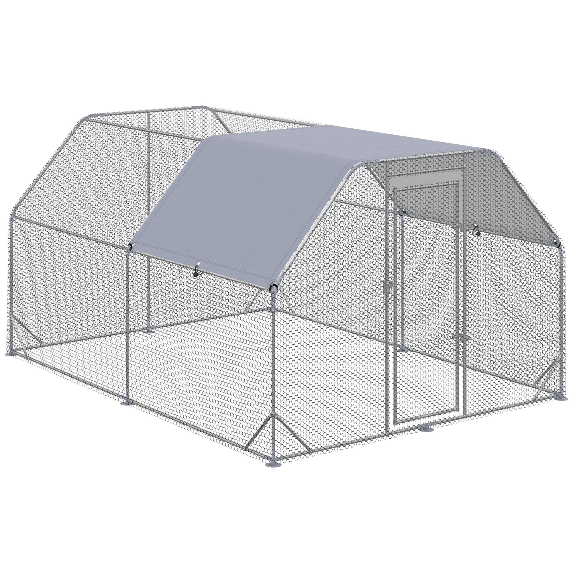 PawHut Large Chicken Coop Metal Chicken Run with Waterproof and Anti-UV Cover, Flat Shaped Walk in Fence Cage Hen House for Outdoor and Yard Farm Use, 1