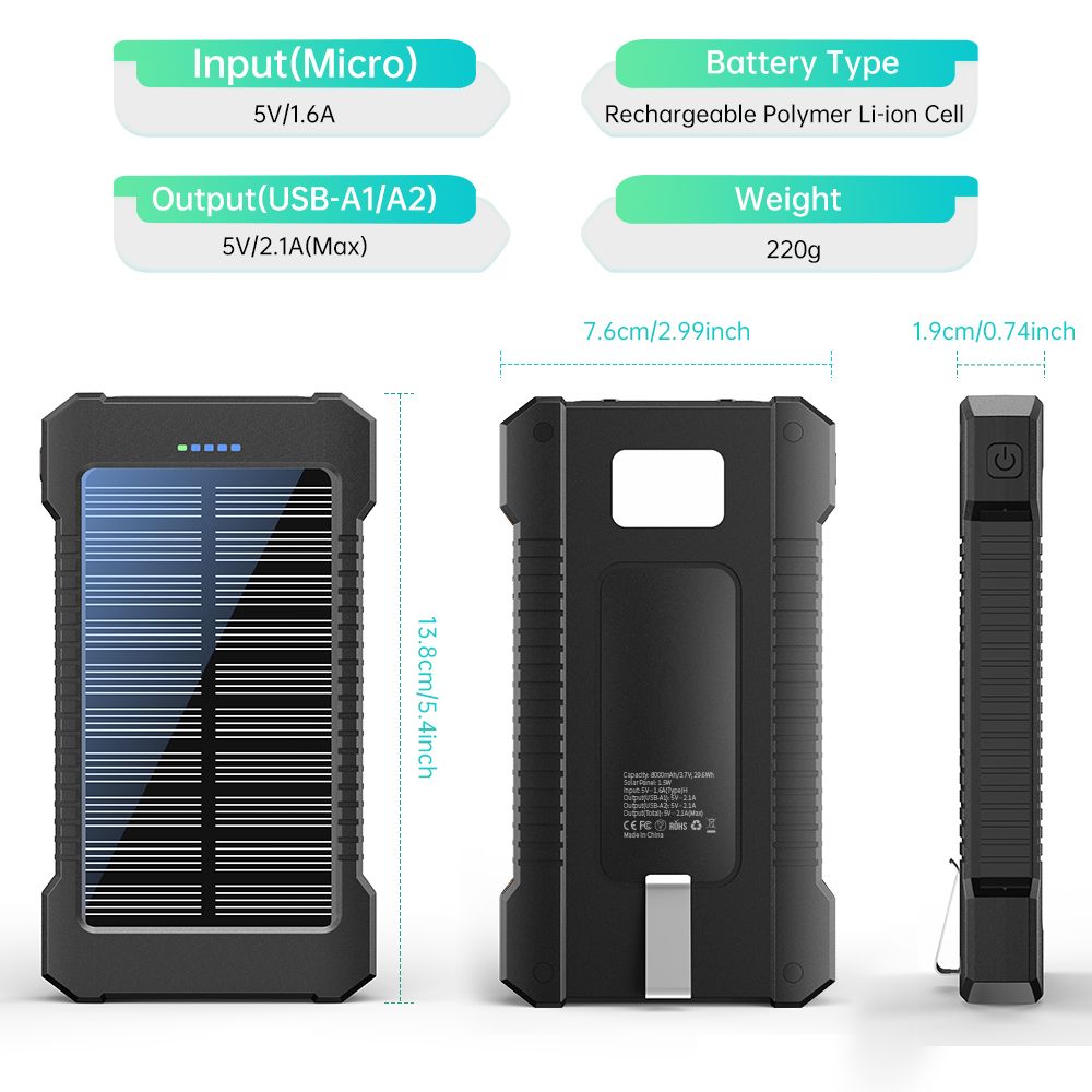 Solar-Powered Portable Charger With Built-In Light, Featuring An 8000mAh High-Capacity Battery Pack, Capable Of Solar Charging And Illumination, Compatible With IPhone