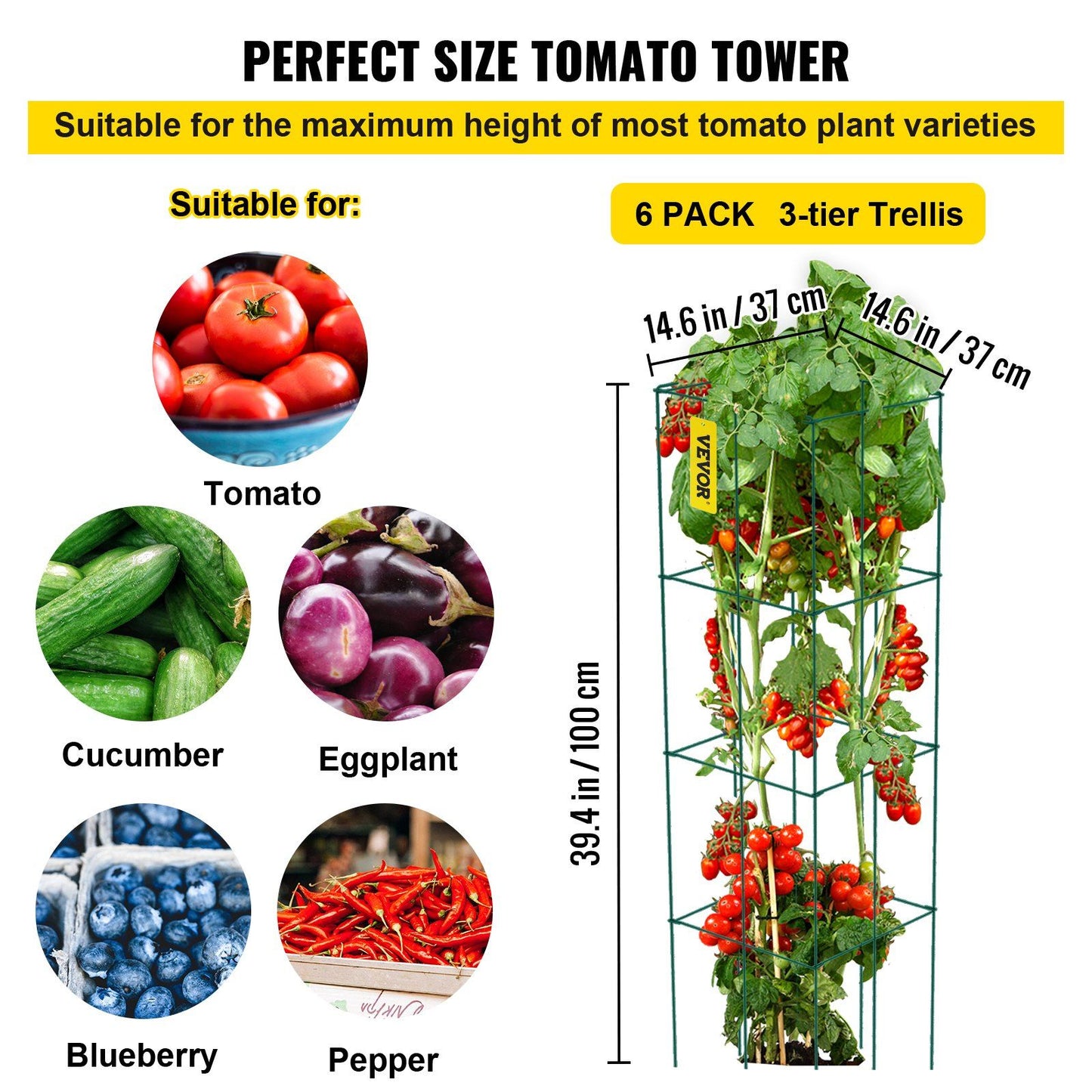 VEVOR Tomato Cages, 14.6" x 14.6" x 39.4", 6 Packs Square Plant Support Cages, Green PVC-Coated Steel Tomato Towers for Climbing Vegetables, Plants, Flowers, Fruits