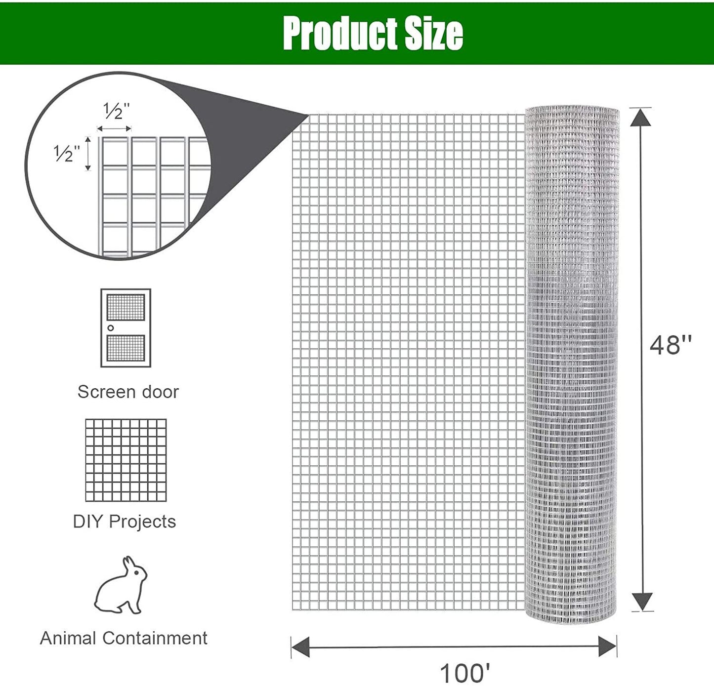 48inx100ft 1/2 in 19 Gauge Hardware Cloth Welded Cage Wire Chicken Fence mesh Rolls Square Chicken Wire Netting Raised Garden Rabbit Fence Snake Fencing Rodent Animals