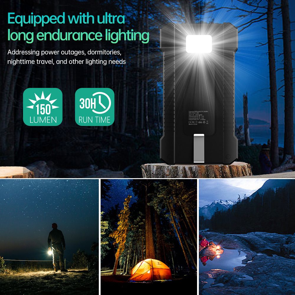 Solar-Powered Portable Charger With Built-In Light, Featuring An 8000mAh High-Capacity Battery Pack, Capable Of Solar Charging And Illumination, Compatible With IPhone