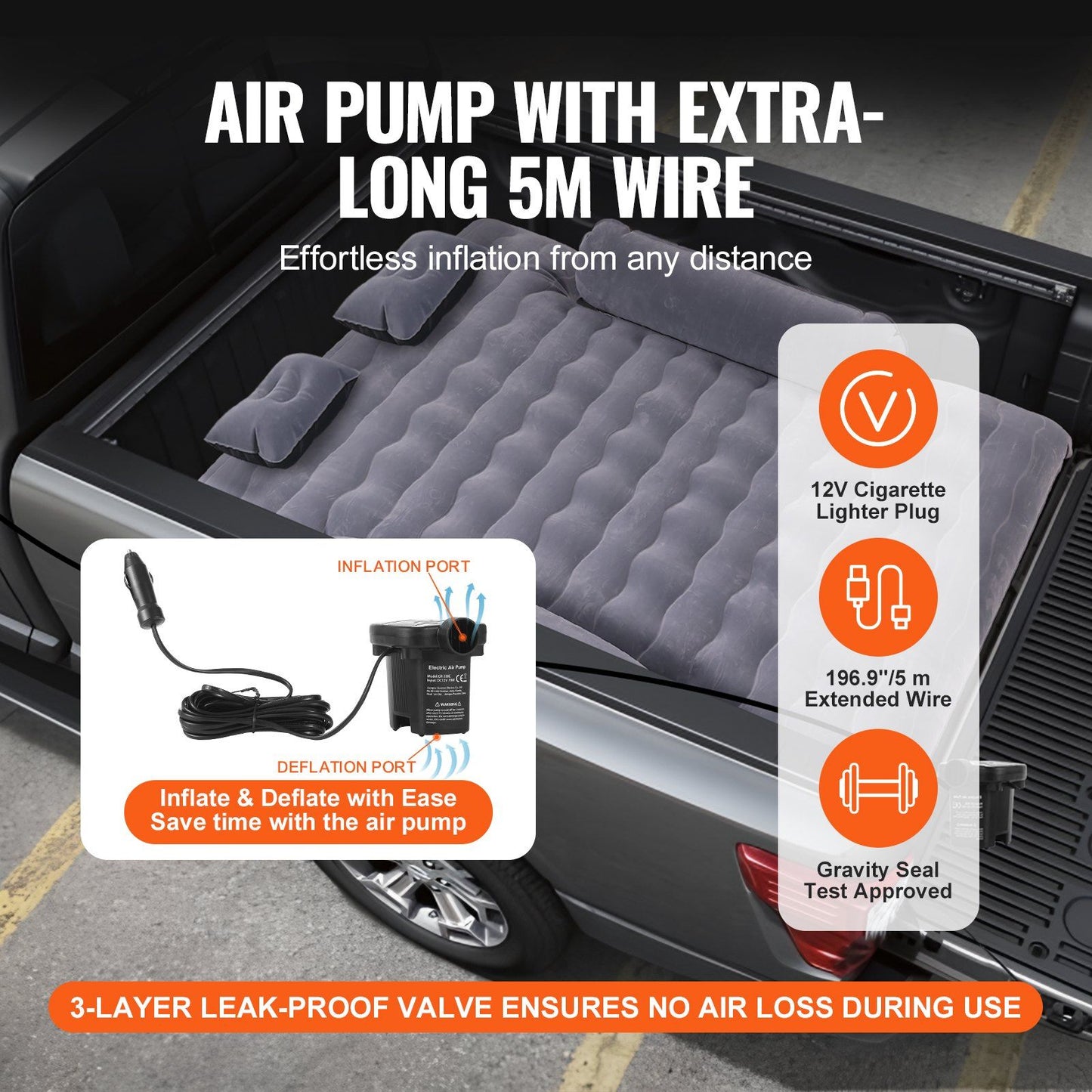 VEVOR Truck Bed Air Mattress, for 6-6.5 ft Full Size Truck Beds, Inflatable Air Mattress Camping Bed with 12V Air Pump 2 Pillows, Carry Bag, for Chevrolet Silverado, Dodge Ram, Ford 150/250/350