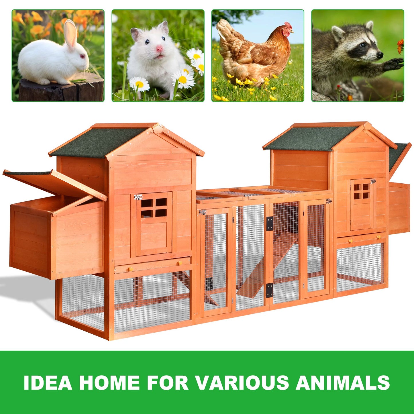 Outdoor Wooden Chicken Coop;  124' Large Hen Cage Rabbit House;  Bunny Hutch with Ventilation Door;  Removable Ramp Garden Backyard Pet House Chicken Nesting Box