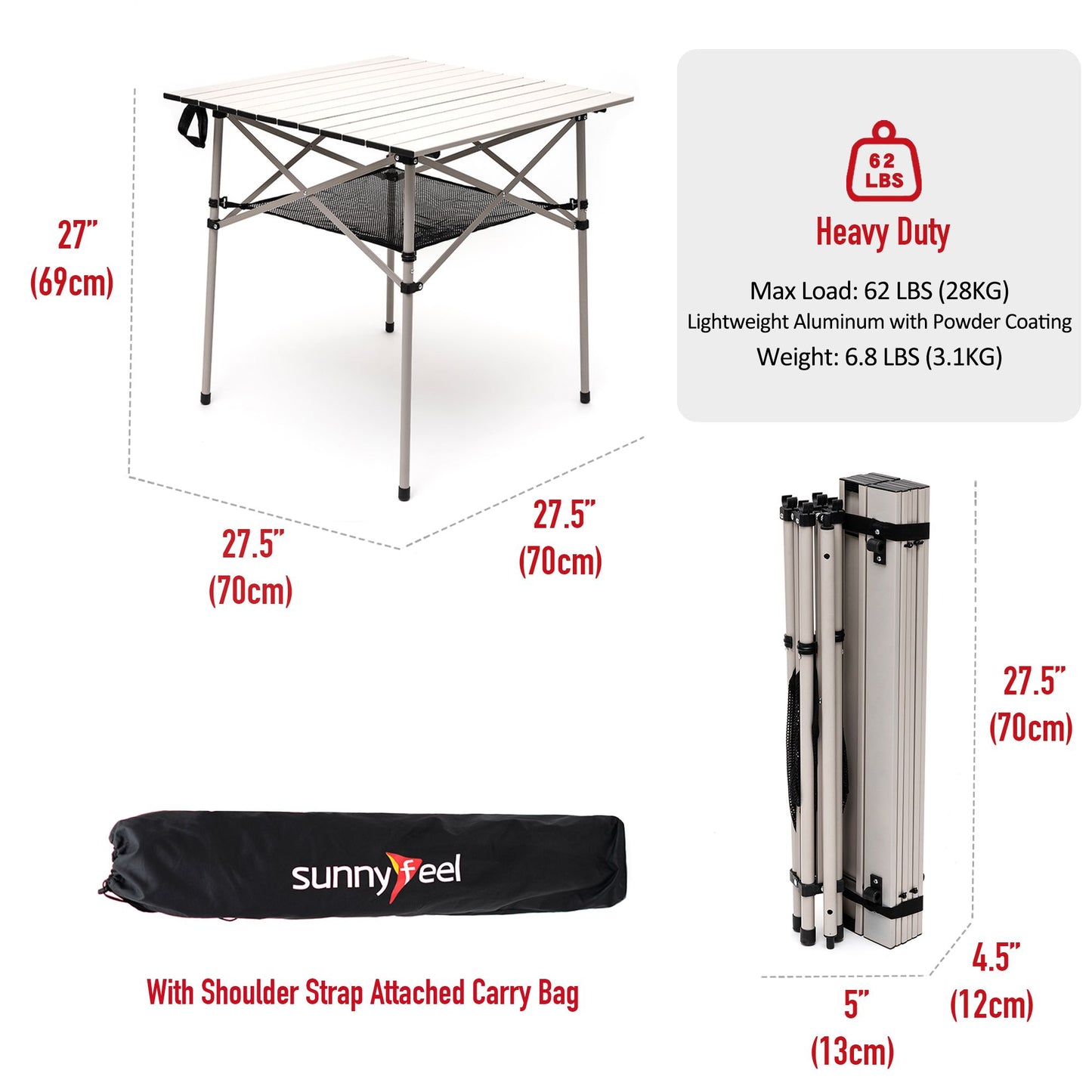 SUNNYFEEL Outdoor Folding Table | Lightweight Compact Aluminum Camping Table, Roll Up Top 4 People Portable Camp Square Tables with Carry Bag for Picnic/Cooking/Beach/Travel/BBQ