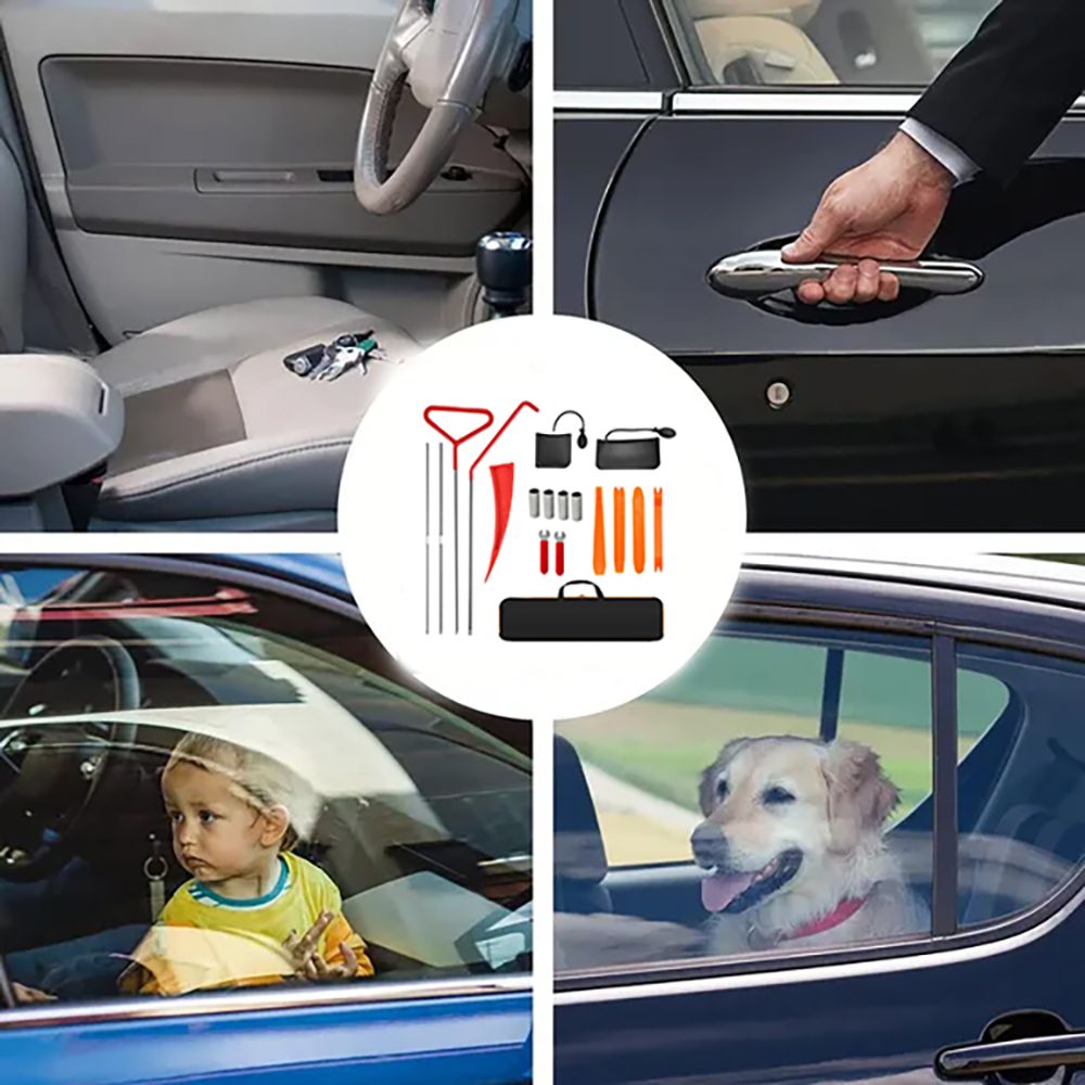 18-piece car emergency kit with window wedge, air wedge bag pump, long distance grabber, automatic trim and removal tool