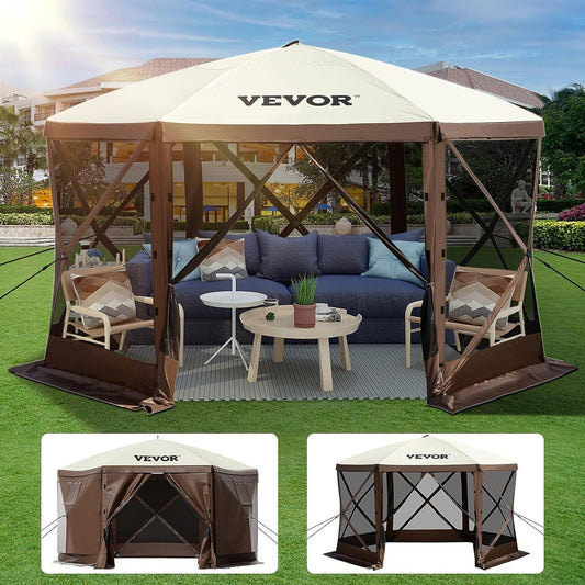 VEVOR Camping Gazebo Tent, 10'x10', 6 Sided Pop-up Canopy Screen Tent for 8 Person Camping, Waterproof Screen Shelter w/Portable Storage Bag, Ground Stakes, Mesh Windows, Brown & Beige