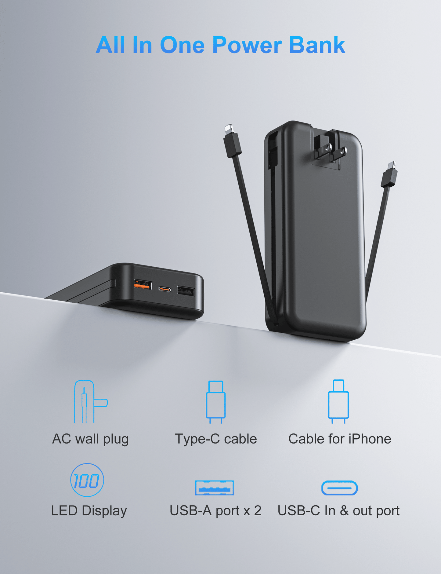 Portable Charger with Built in Cables, Portable Charger with Cords Wires Slim 20000mAh Travel Essentials Battery High Speed Power Bank for iPhone