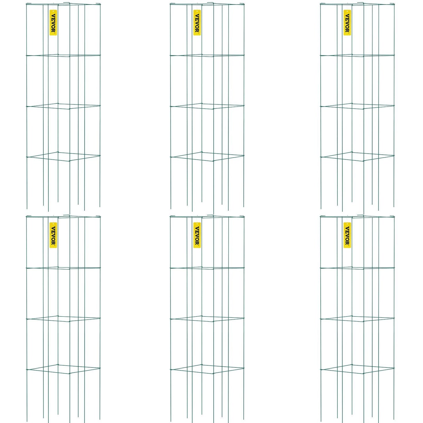 VEVOR Tomato Cages, 14.6" x 14.6" x 39.4", 6 Packs Square Plant Support Cages, Green PVC-Coated Steel Tomato Towers for Climbing Vegetables, Plants, Flowers, Fruits