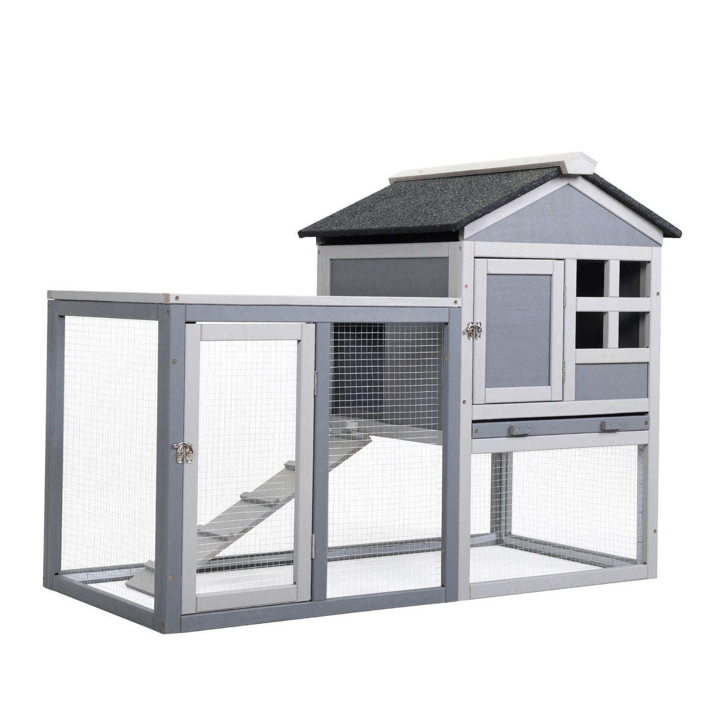 Indoor Outdoor Rabbit Hutch, Bunny Cage with Run, Pull Out Tray, Guinea Pig House for Small Animals, Gray