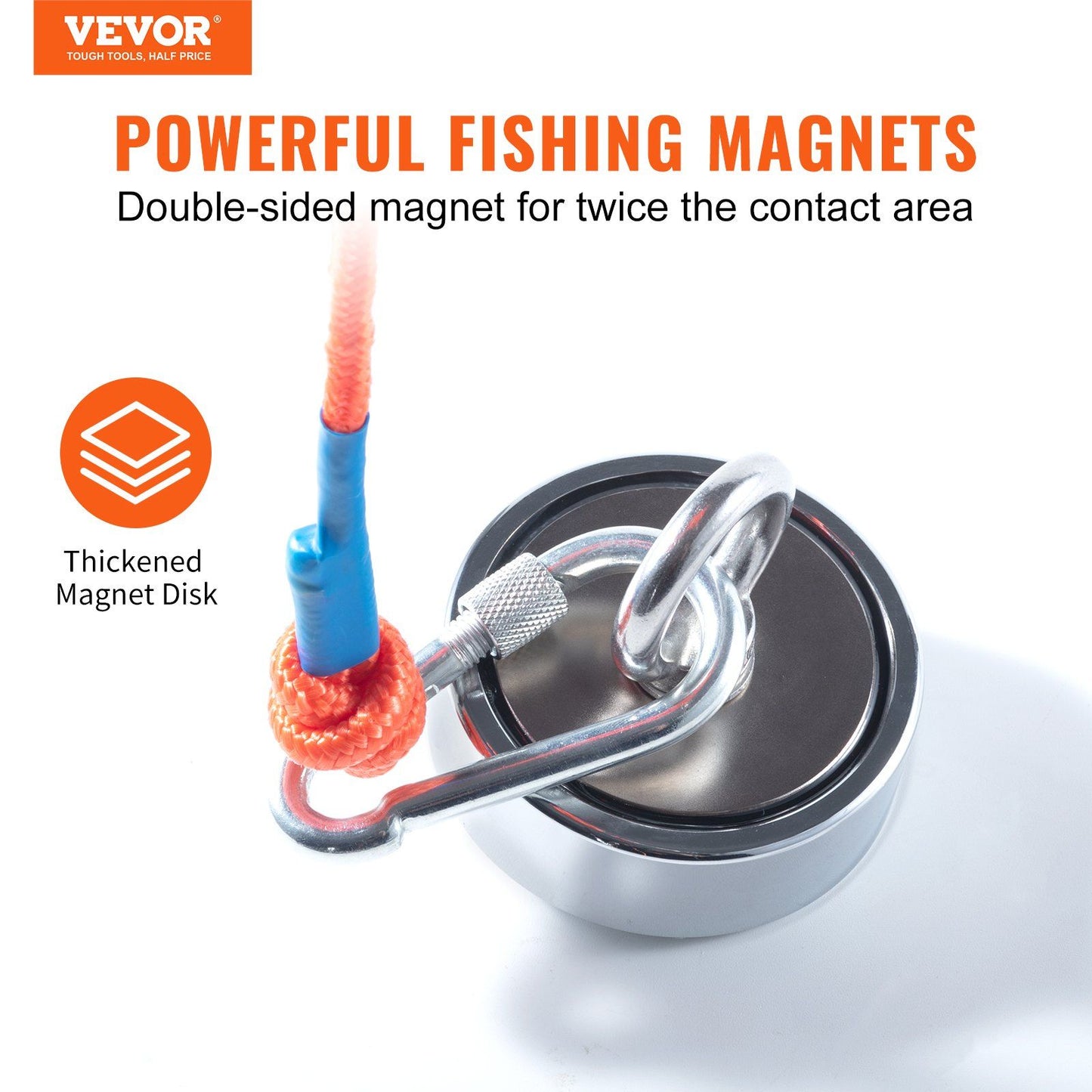 VEVOR Magnet Fishing Kit, 1200lbs 2.95inch Diameter Double Sided Fishing Magnets, Strong Neodymium Magnet with Heavy Duty 65FT Rope, Grappling Hook, Waterproof Case, Gloves, Threadlocker, Eye Bolt