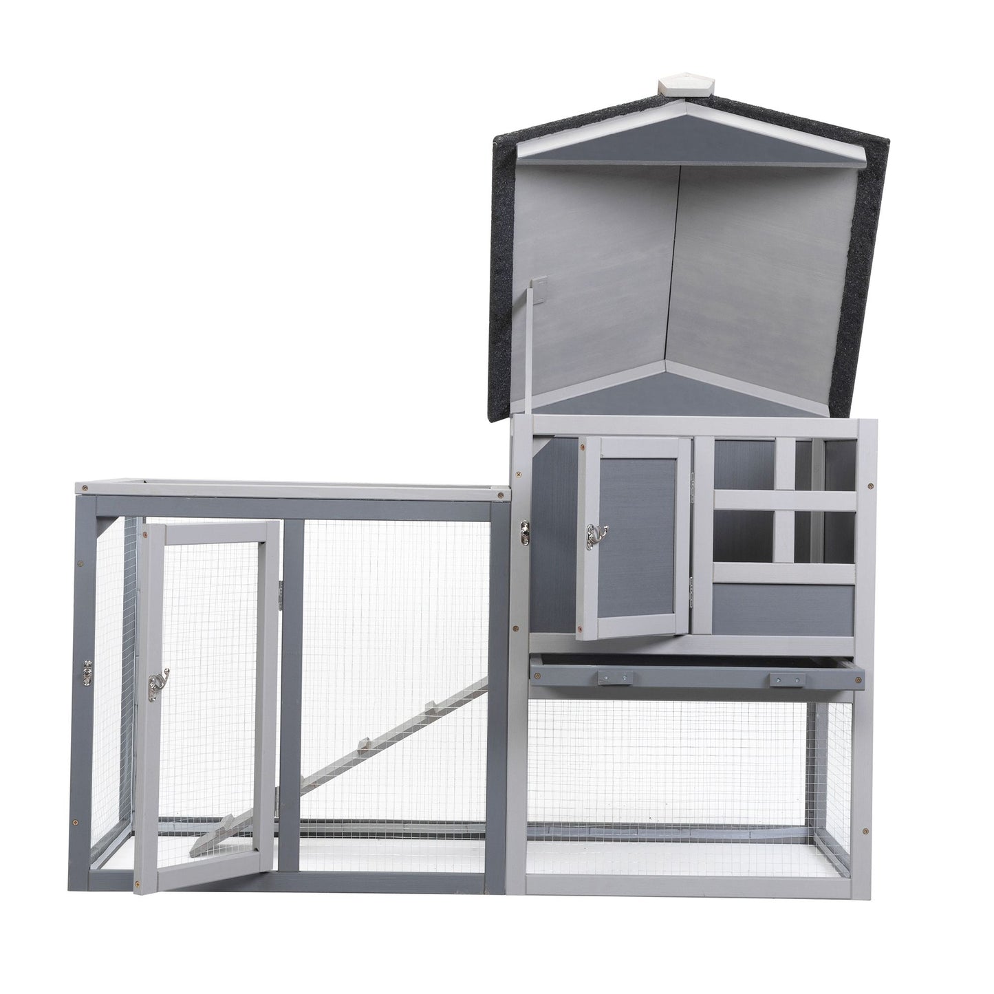 Indoor Outdoor Rabbit Hutch, Bunny Cage with Run, Pull Out Tray, Guinea Pig House for Small Animals, Gray