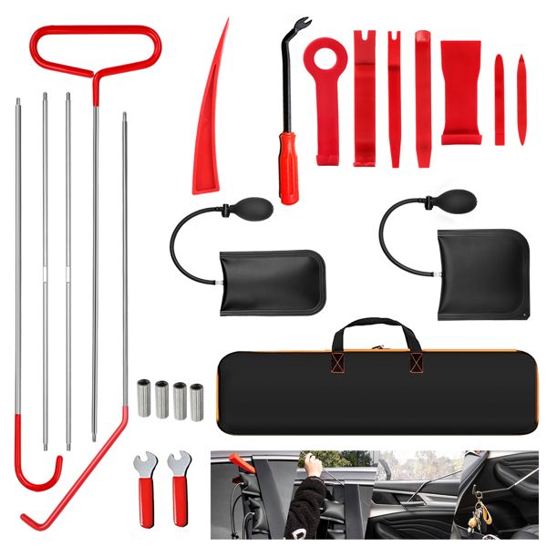 Stainless steel long distance hook tool Automotive emergency door opening tool set Oval handle Red warping piece set wedge air bag wrench combination tool