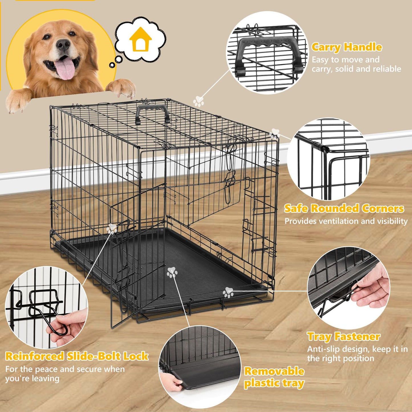 Dog Crate with Divider Panel, 42 Inch Double Door Folding Metal Wire Dog Cage with Plastic Leak-Proof Pan Tray, Pet Kennel for Indoor