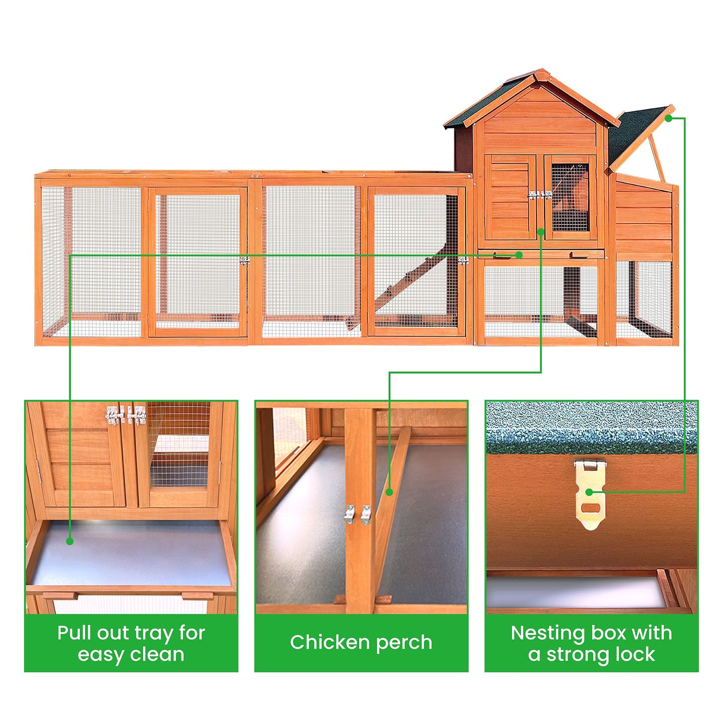 Large Wooden Chicken Coop,Outdoor Hen House with Nest Box ,Wire Fence Poultry Cage