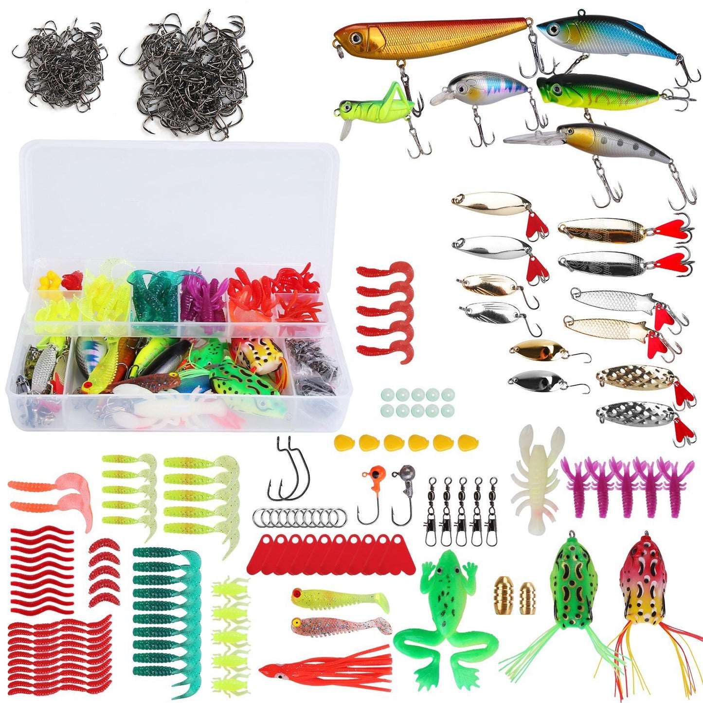 375Pcs Fishing Baits and Tackle Box Saltwater Freshwater Fishing Lures Kit Lifelike Popper Crankbaits Crickets Frogs Spoon Lures Maggots