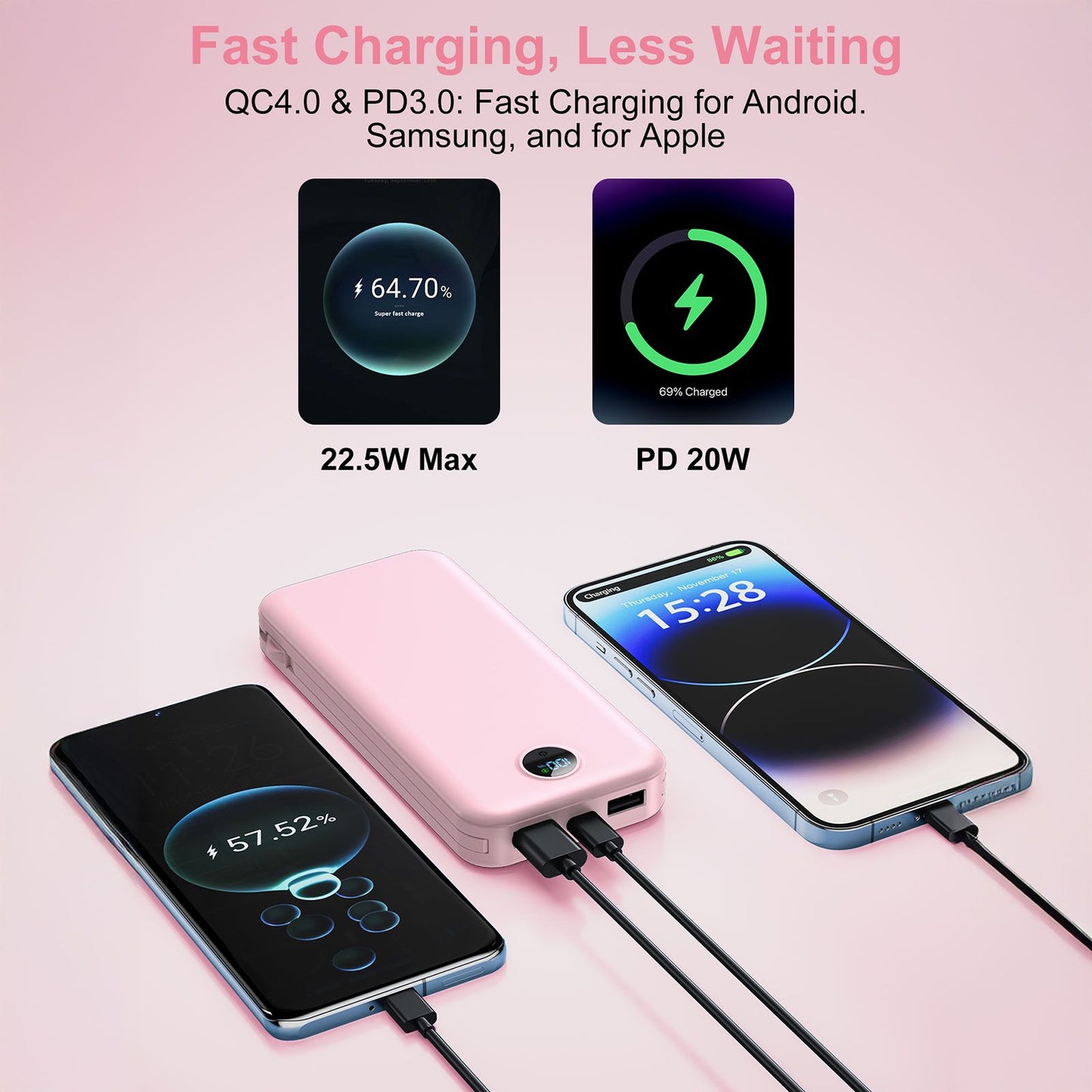 Portable Charger, 12000mAh USB C in Power Bank Fast Charging, LED Display External Battery Pack Phone Charger Compatible with iPhone