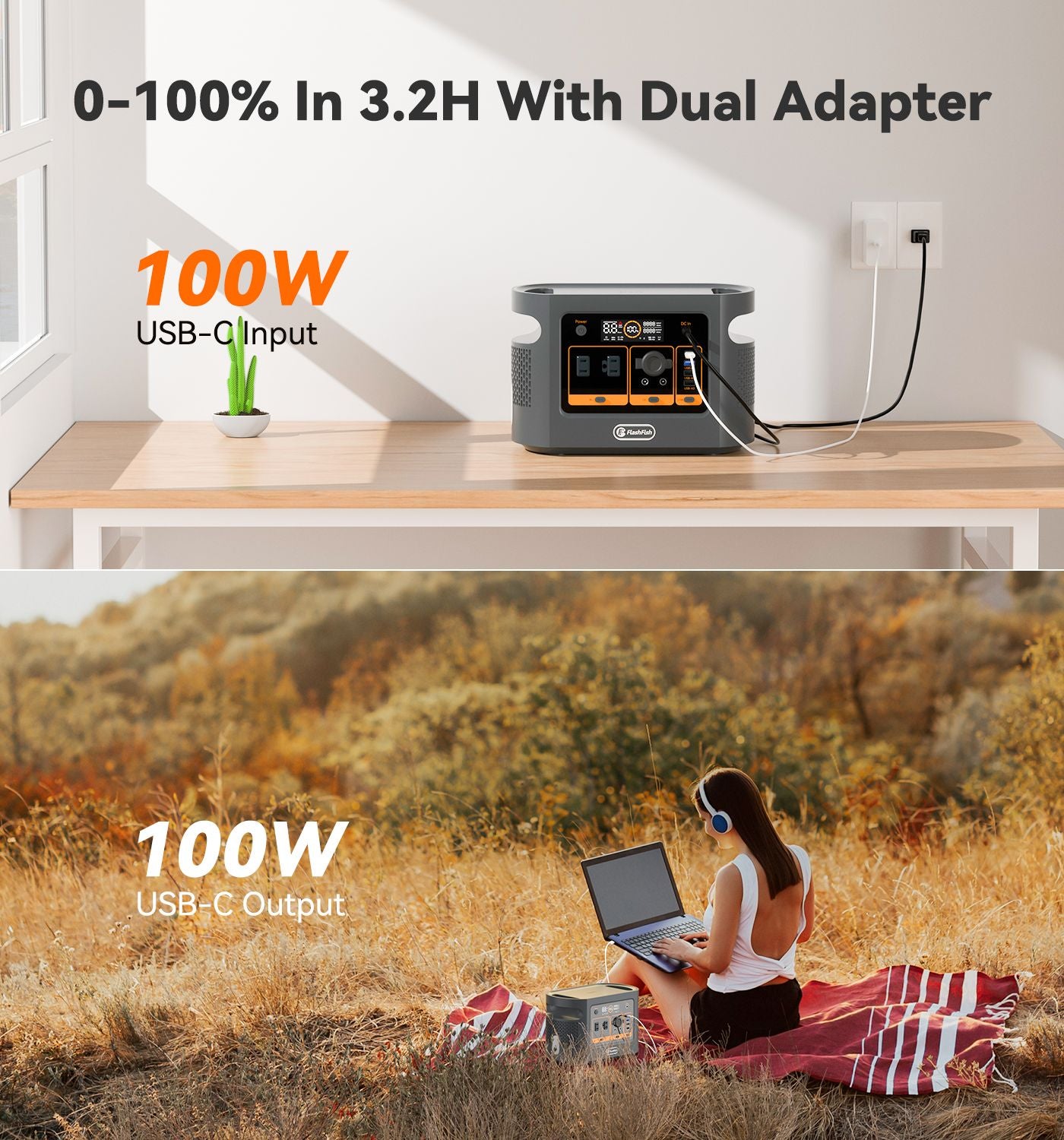 FF FLASHFISH Portable Power Station;  448Wh/140000mAh LiFePO4 Battery Pack;  UPS Solar Generator With 600W (Peak 1000W) AC Output;  100W USB-C;  Backup Power CPAP Battery