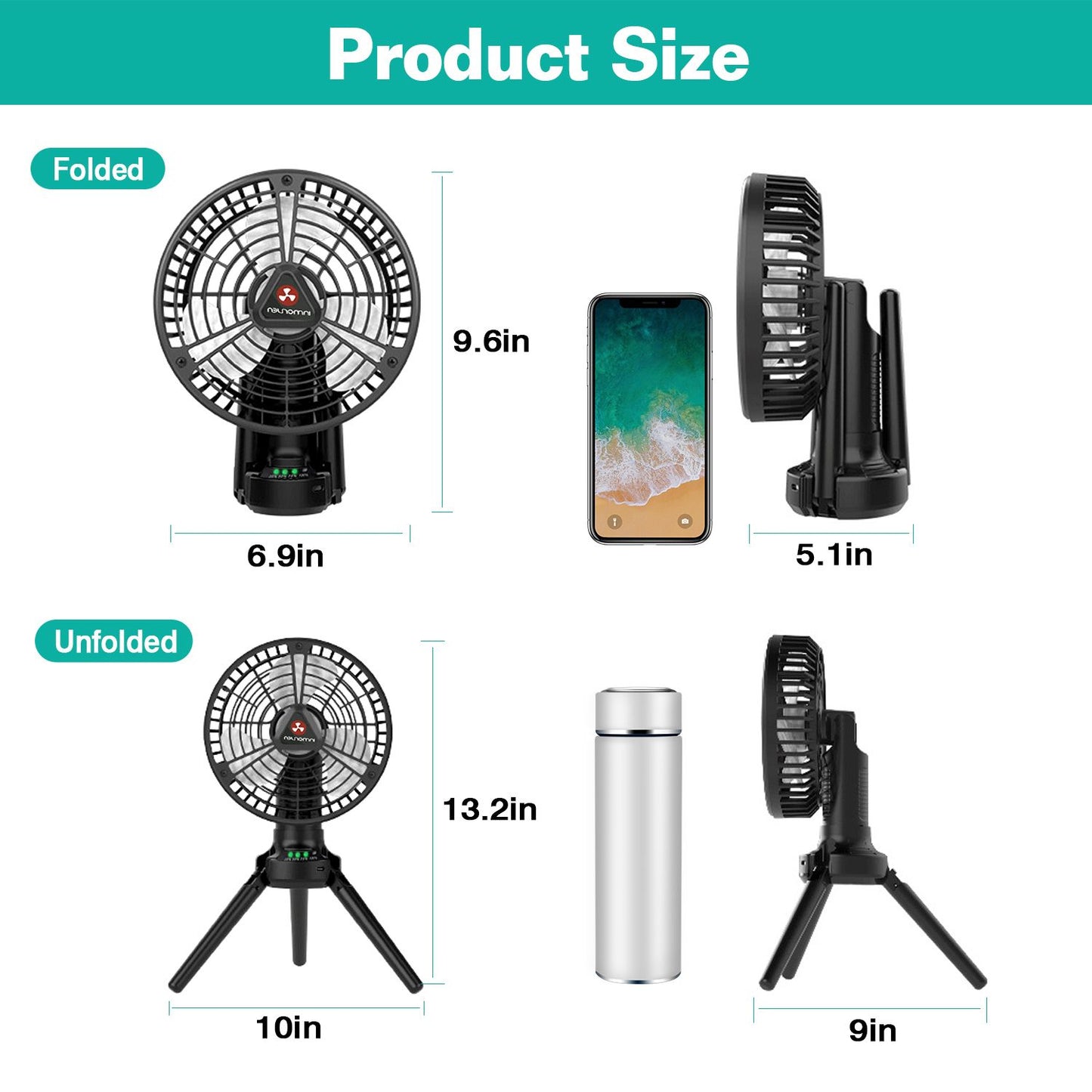 Foldable Camping Fan with Emergency Power Bank 270° Oscillating Rechargeable Tripod Fan for Hiking Fishing Personal Desk Fan with 4 Speeds 3 Brightness