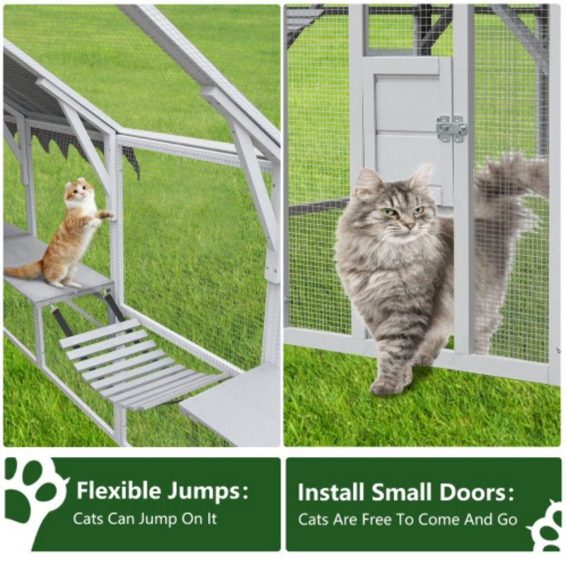 Outdoor Cat House Cat Enclosures 110" Large Kitten Playpen with Platforms,Upgrade Waterproof Cover-Grew&White