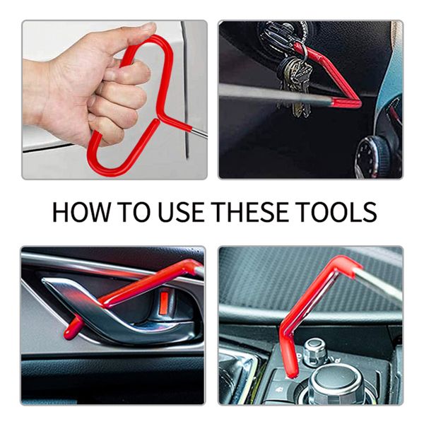 Stainless steel long distance hook tool Automotive emergency door opening tool set Oval handle Red warping piece set wedge air bag wrench combination tool