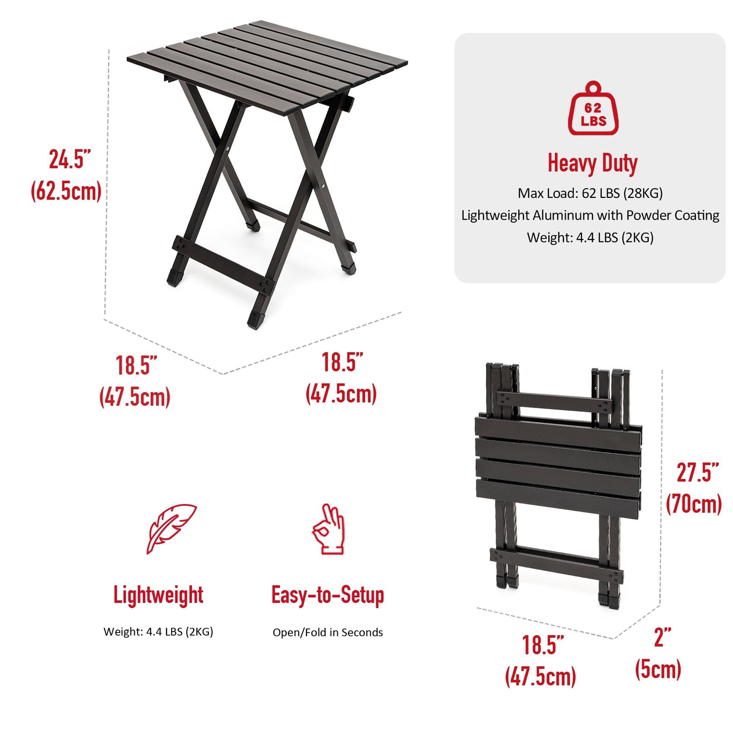 SUNNYFEEL Folding Camping Table - Lightweight Aluminum Portable Picnic Table, 18.5x18.5x24.5 Inch for Cooking, Beach, Hiking, Travel, Fishing, BBQ, Indoor Outdoor Small Foldable Camp Tables