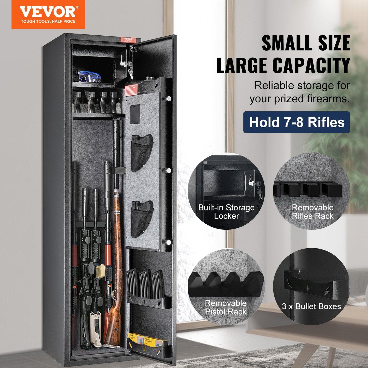 VEVOR 5 Rifles Gun Safe, Rifle Safe with Digital Keypad & Lock, Gun Storage Cabinet with Built-in Storage Locker, Removable Storage Shelf for Home Long Gun and Pistols