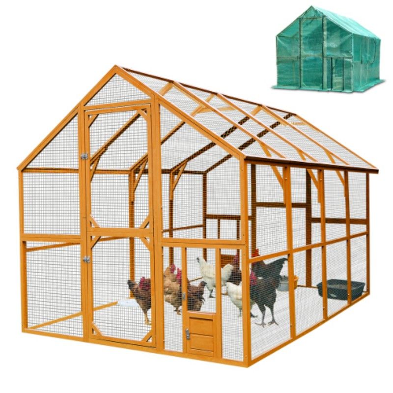 Wooden Chicken Coop 111''×74''×72'' Large Kitten Playpen, Chicken Run with Waterproof Cover and Two Small Doors, Pet Playpen Exercise Pen for Rabbit Duck Cat