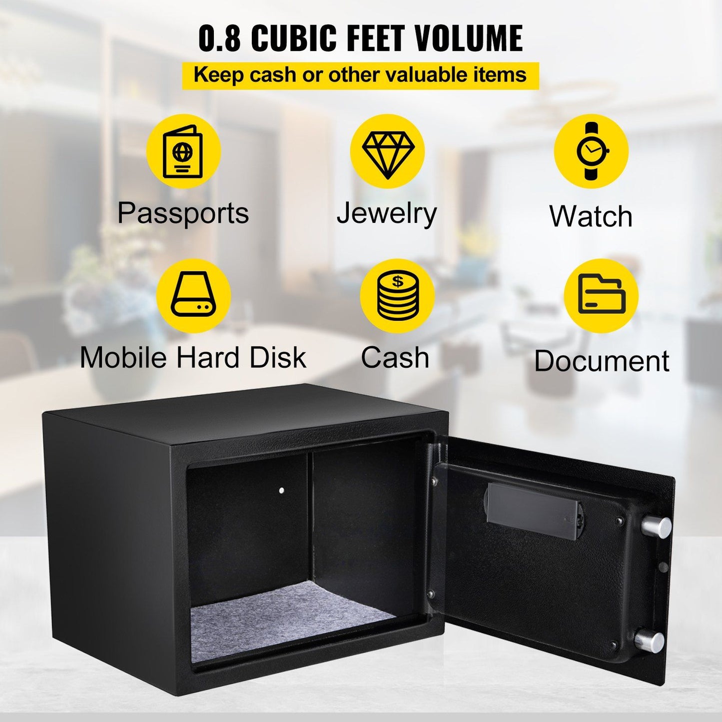 VEVOR Safe Box, 0.8 CU.FT Fingerprint Safe Box for Money w/ 2 Keys & Digital Keypad, Q235 Steel Safe Box for Storing Cash, Jewelry, Pistols, Documents, Watches in Home & Office & Hotel