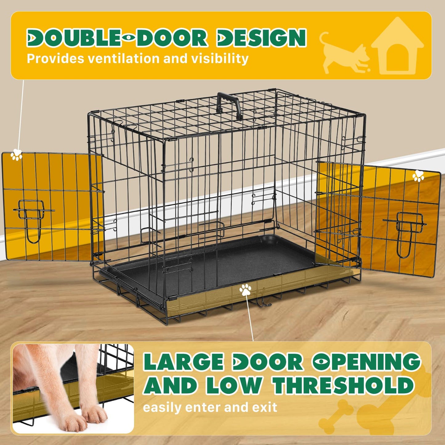 Dog Crate with Divider Panel, 24 Inch Double Door Folding Metal Wire Dog Cage with Plastic Leak-Proof Pan Tray, Pet Kennel for Indoor