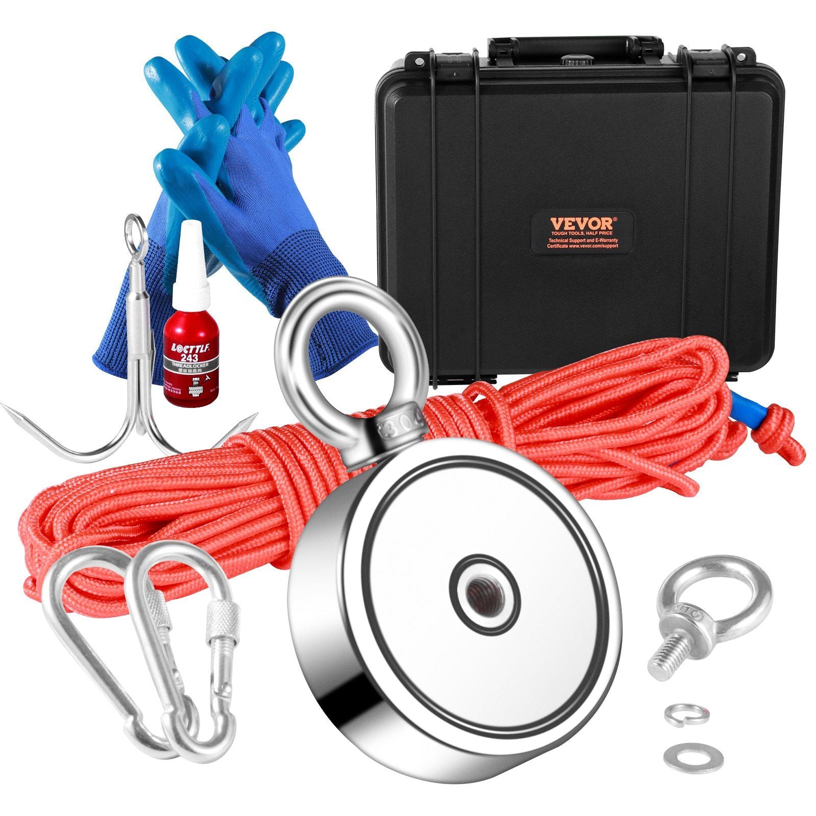 VEVOR Magnet Fishing Kit, 1200lbs 2.95inch Diameter Double Sided Fishing Magnets, Strong Neodymium Magnet with Heavy Duty 65FT Rope, Grappling Hook, Waterproof Case, Gloves, Threadlocker, Eye Bolt