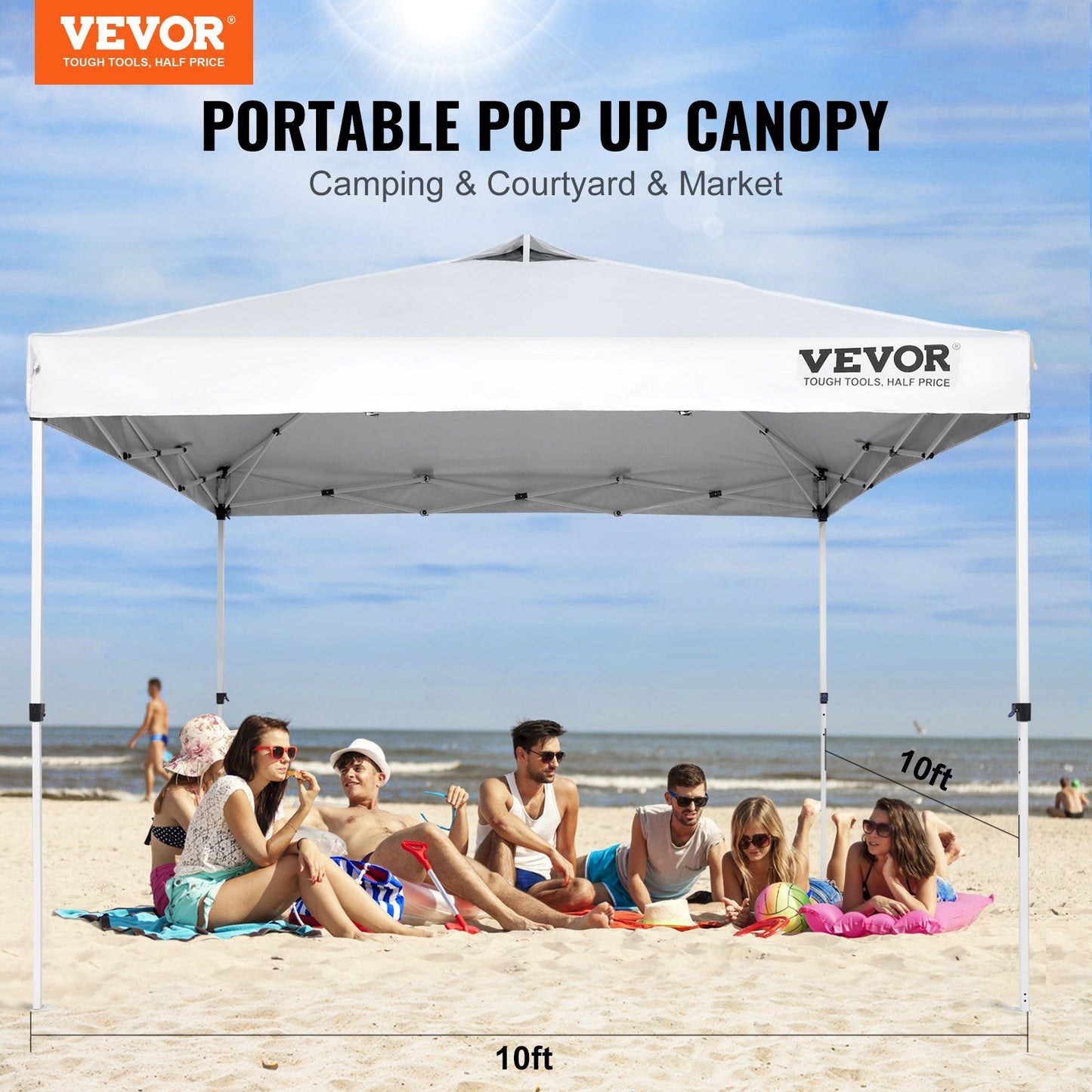 VEVOR Pop Up Canopy Tent, 10 x 10 ft, 250 D PU Silver Coated Tarp, with Portable Roller Bag and 4 Sandbags, Waterproof and Sun Shelter Gazebo for Outdoor Party, Camping, Commercial Events