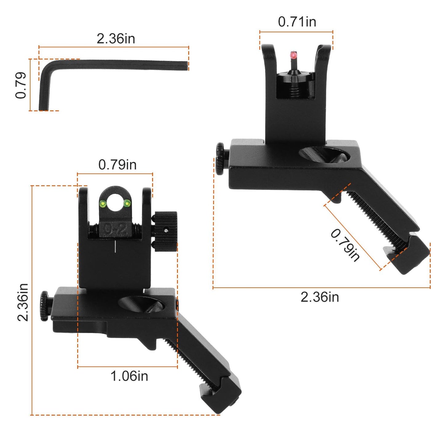 45 Degree Offset Rear Front Flip Up Sights Fiber Optics Aluminum Sights Tactical Folding Back Up Sight Set with Red Green Dots Fit Picatinny Weaver Rails