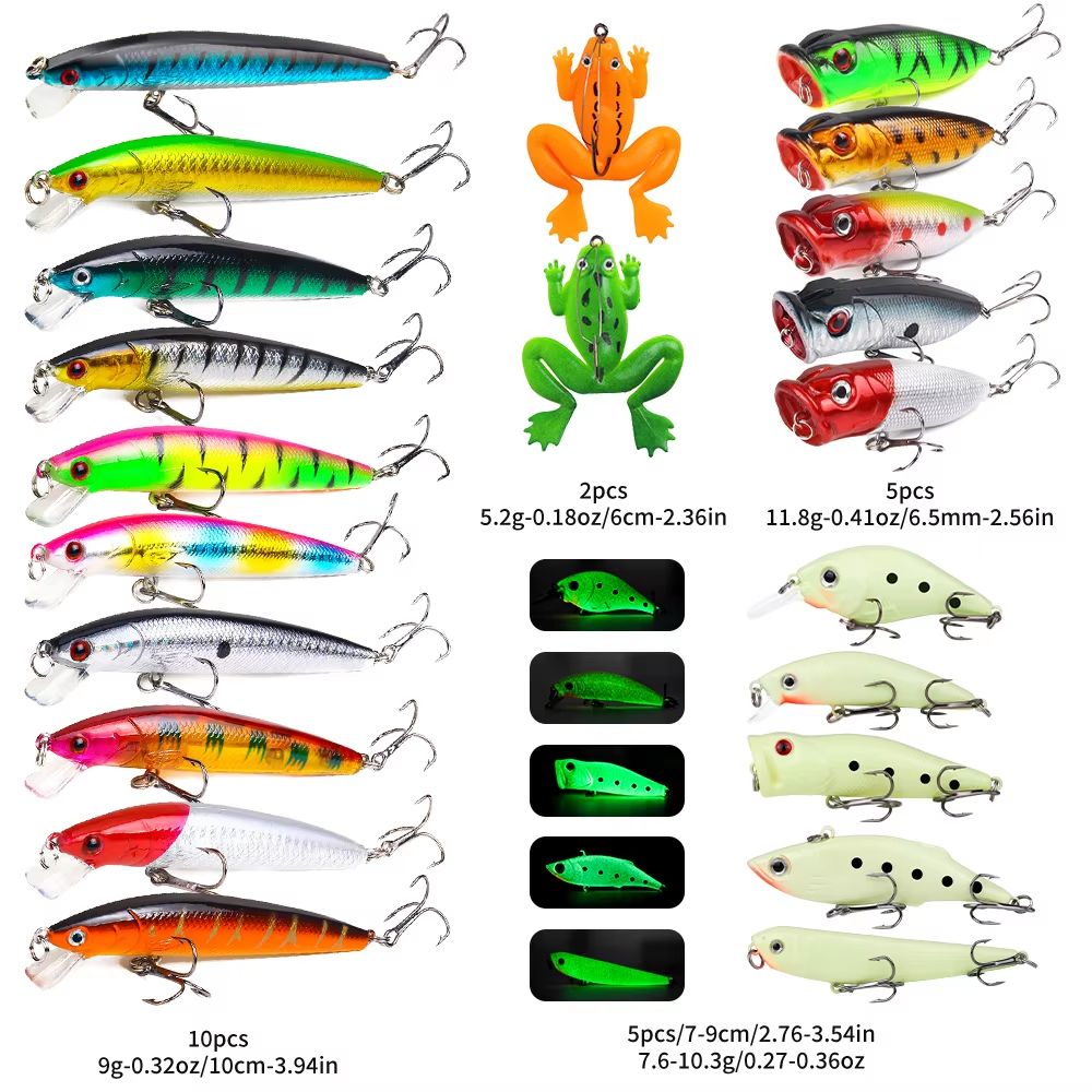 22pcs 1set Hard Lure Bait Soft Frog Popper Minnow Pencil VIB Luminous Lure Kit Durable Hooks Realistic Action Ideal