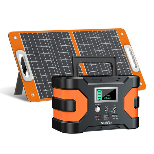 200W Peak Power Station, Flashfish CPAP Battery 166Wh 45000mAh Backup Power Pack  With 60W 18V Portable Solar Panel, FLASHFISH Foldable Solar Charger