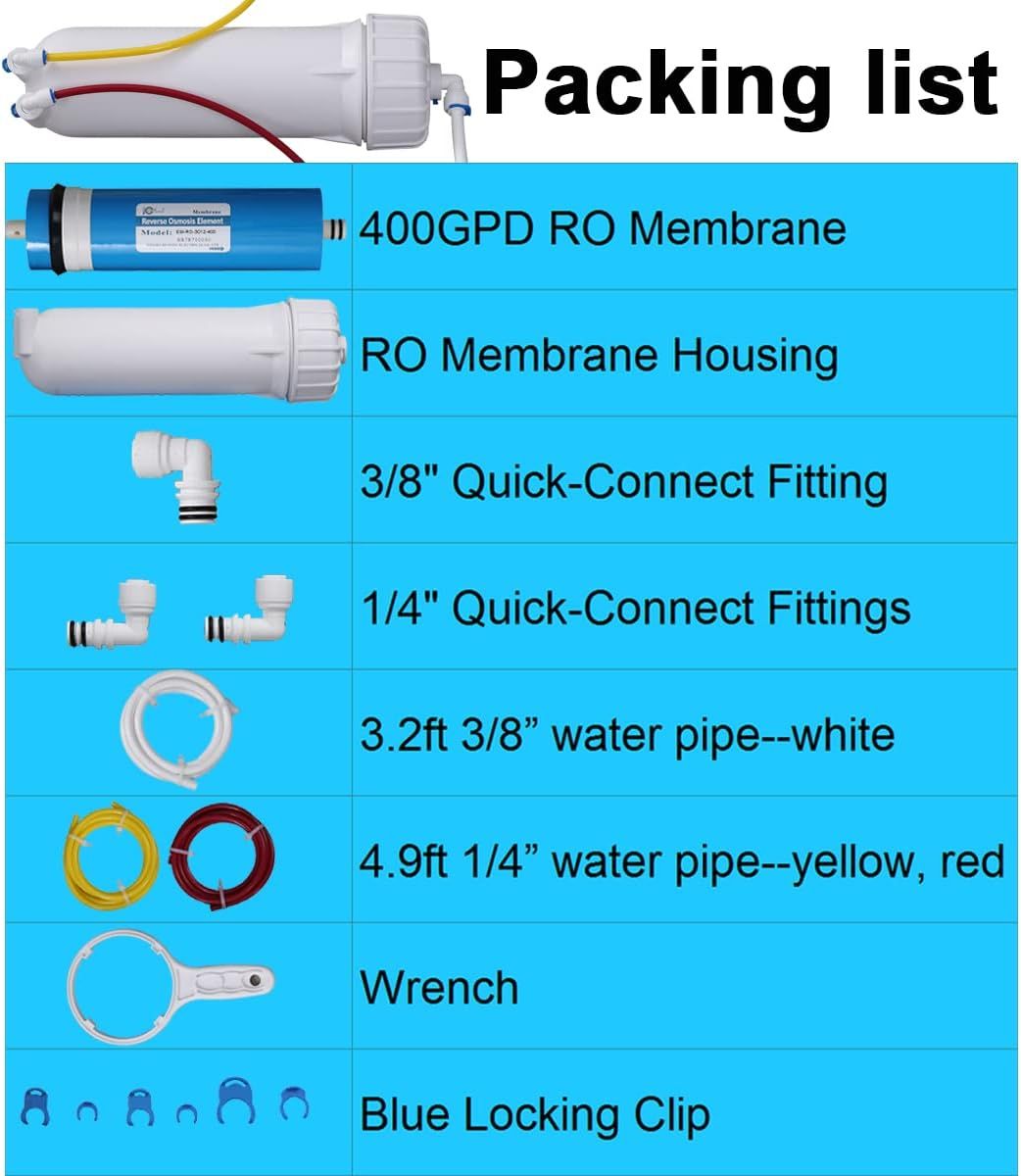 HUINING Reverse Osmosis Membrane 50/75/100/150/400/500GPD and RO Membrane Housing Kit with Quick Connector,Check Valve,Water Pipe,Wrench  for Residential Household Hospital Water Filtration System