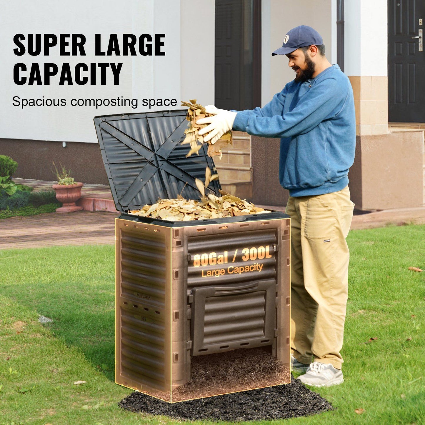 VEVOR Garden Compost Bin 80 Gal, BPA Free Composter, Large Capacity Outdoor Composting Bin with Top Lid and Bottom Door, Easy Assembling, Lightweight, Fast Creation of Fertile Soil