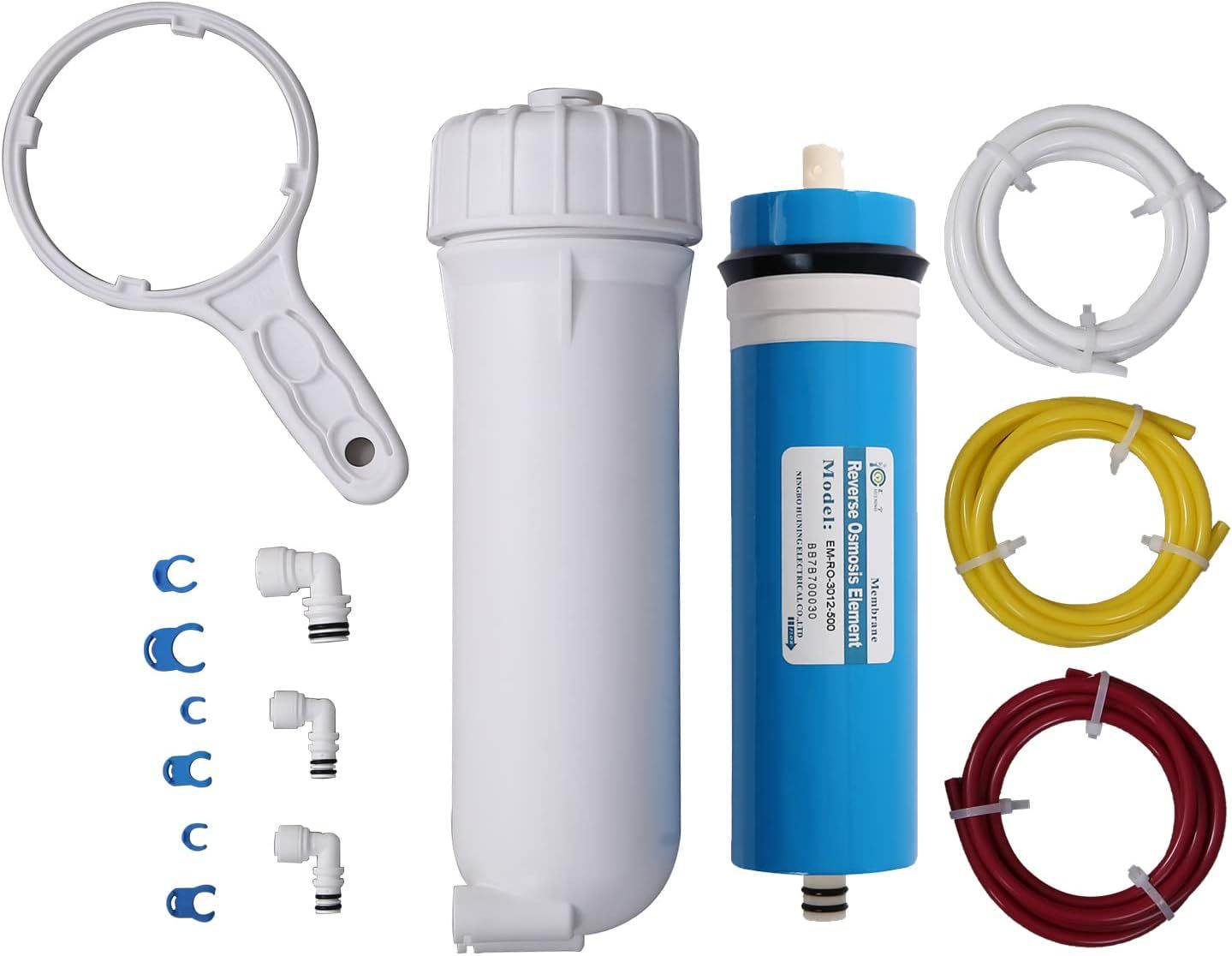 HUINING Reverse Osmosis Membrane 50/75/100/150/400/500GPD and RO Membrane Housing Kit with Quick Connector,Check Valve,Water Pipe,Wrench  for Residential Household Hospital Water Filtration System